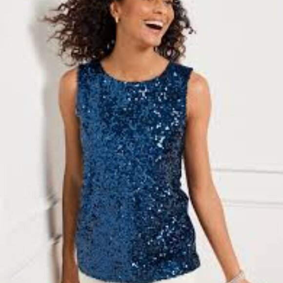 Talbots Sequin Front Shell - navy blue sequin sleeveless top - Picture 1 of 7